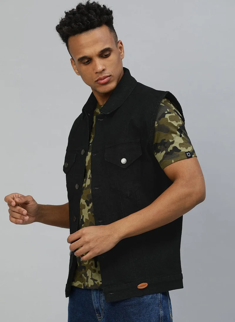 Urbano Fashion  Urbano Fashion Men's Black Regular Fit Washed Sleeveless Denim Jacket for Men | Best Price UAE